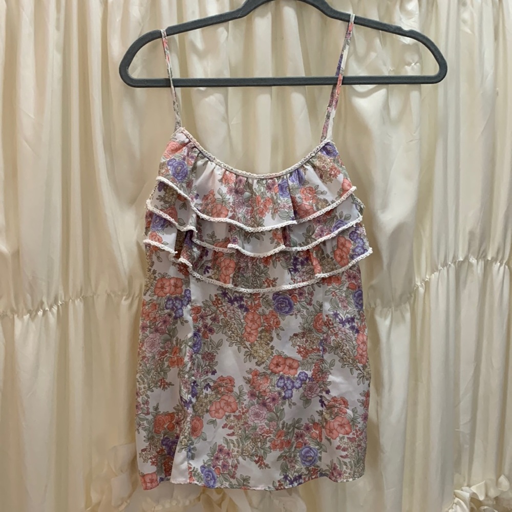 Charlotte Russe womens small floral cream pink and purple spaghetti strap top